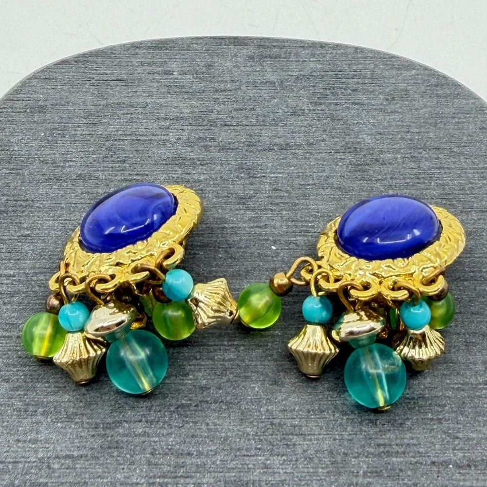 Blue Teal Green Beaded Clip On Earrings Gold Tone Cabochon Boho Statement Gift